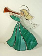 SG36 - Handcrafted Stained Glass Suncatcher, Angel With Horn, 8.5 X 6.25 in