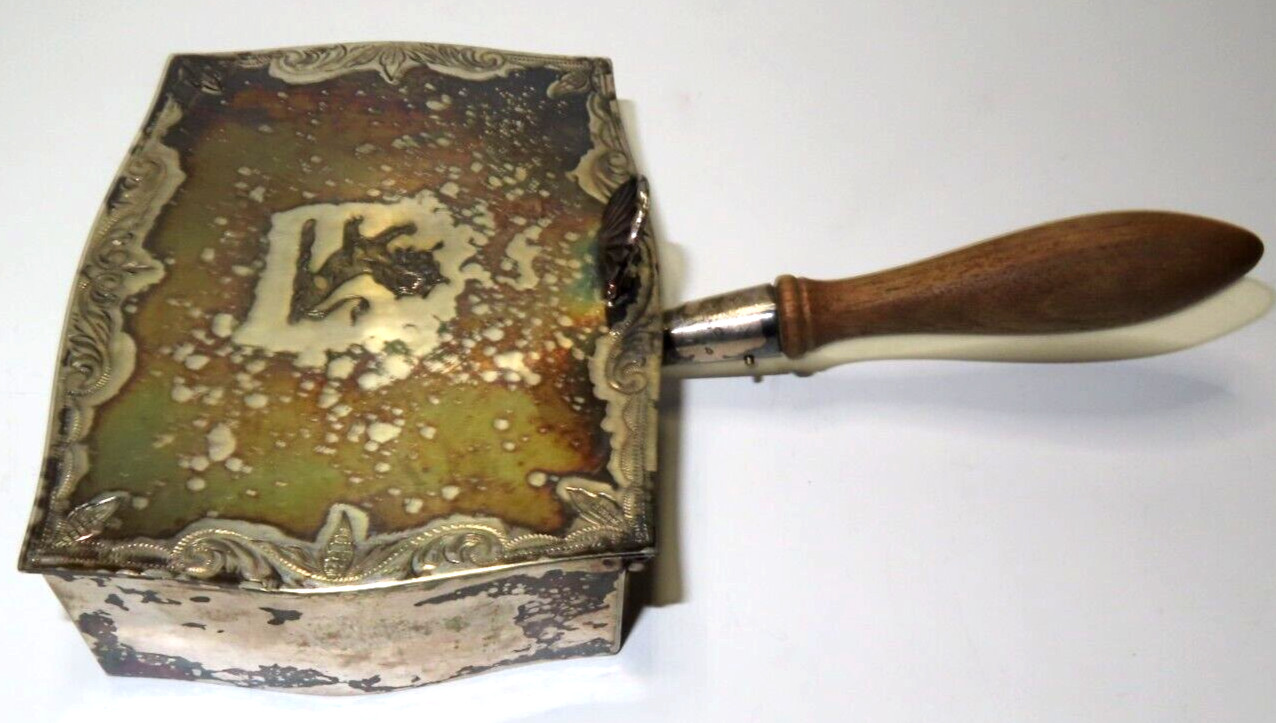 Antique Silver Plate Silent Butler Crumb Catcher Wood Handle w/ Lion & Crown