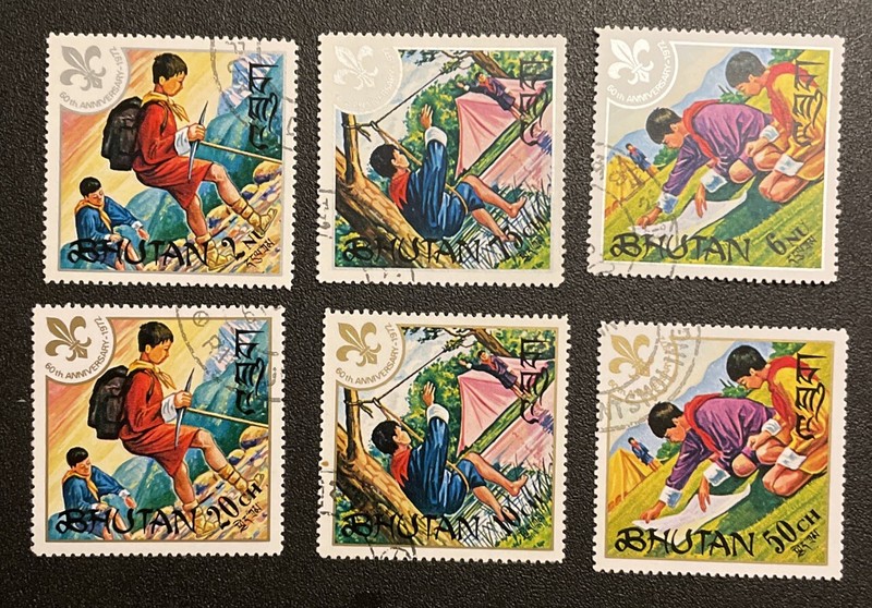 Bhutan Boy Scout stamps. SC #s 134 - 139. CTO. Silver And Gold colors.