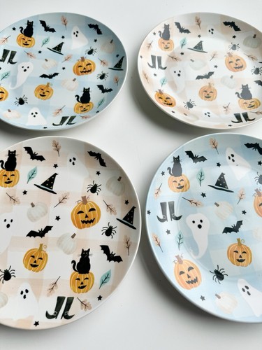 HALLOWEEN Fantasmi Zucca Pipistrelli Scena Raccolta Studio Verde Set di 4 Piatti 8” NUOVI - Foto 5 di 7