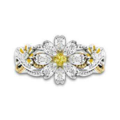 New Stunning Sunflower Citrine Yellow Enamel Promise Ring In 925 Sterling Silver