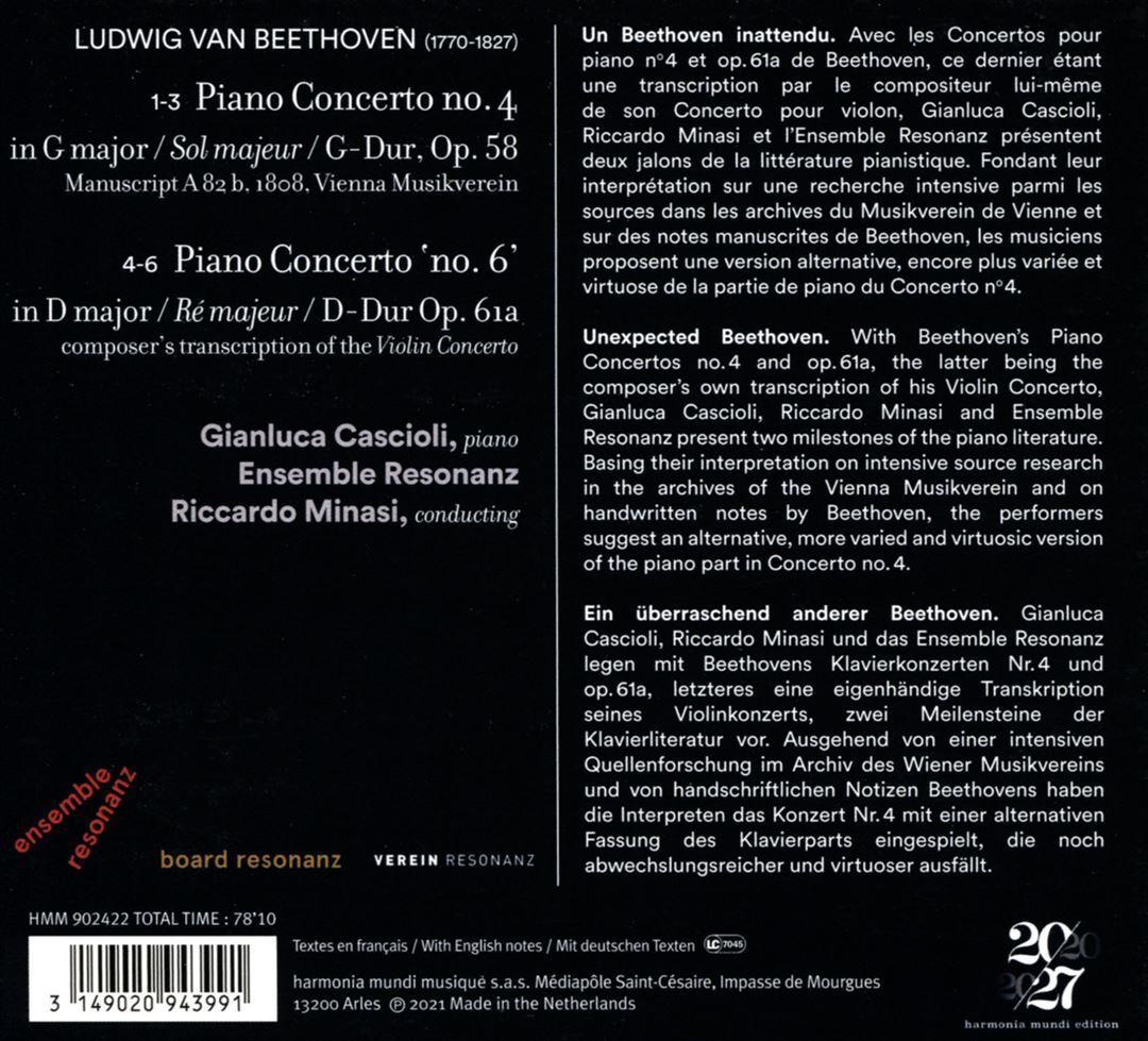 GIANLUCA CASCIOLI / ENSEMBLE RESONANZ / RICCARDO MINASI BEETHOVEN: PIANO CONCERT