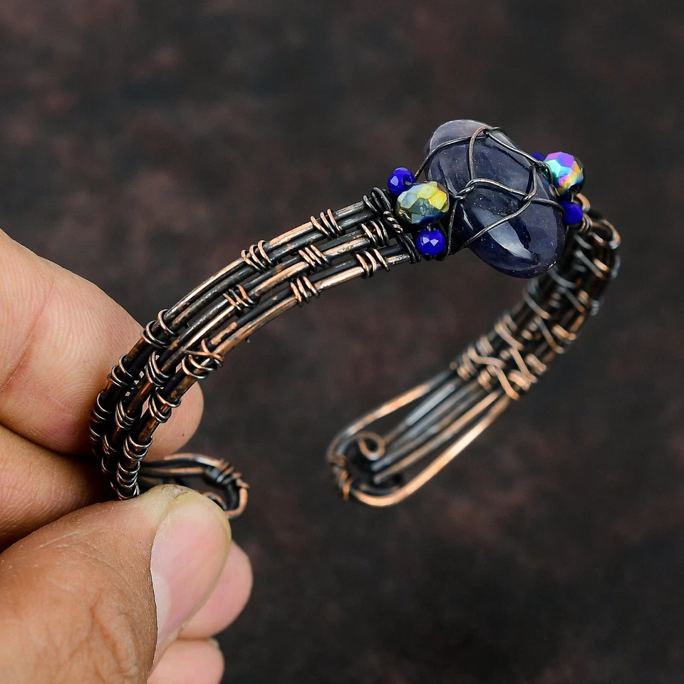 Brazalete ajustable envuelto en alambre de regalo para mamá cobre piedras preciosas piedras solares de iolita Foto 4 de 4