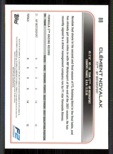2022 Topps Chrome Formula 1 #88 Clement Novalak - Picture 2 of 2