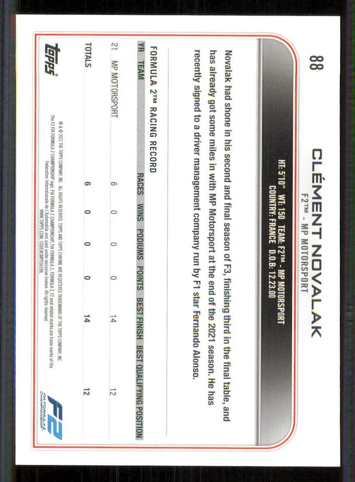 2022 Topps Chrome Formula 1 #88 Clement Novalak - Image 2 of 2