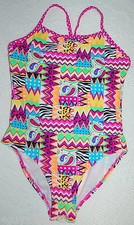 Girls 1 PC Swimsuit PINK GREEN YELLOW Paisley ZIG ZAG Polka Dot L 10-12 XL 14-16