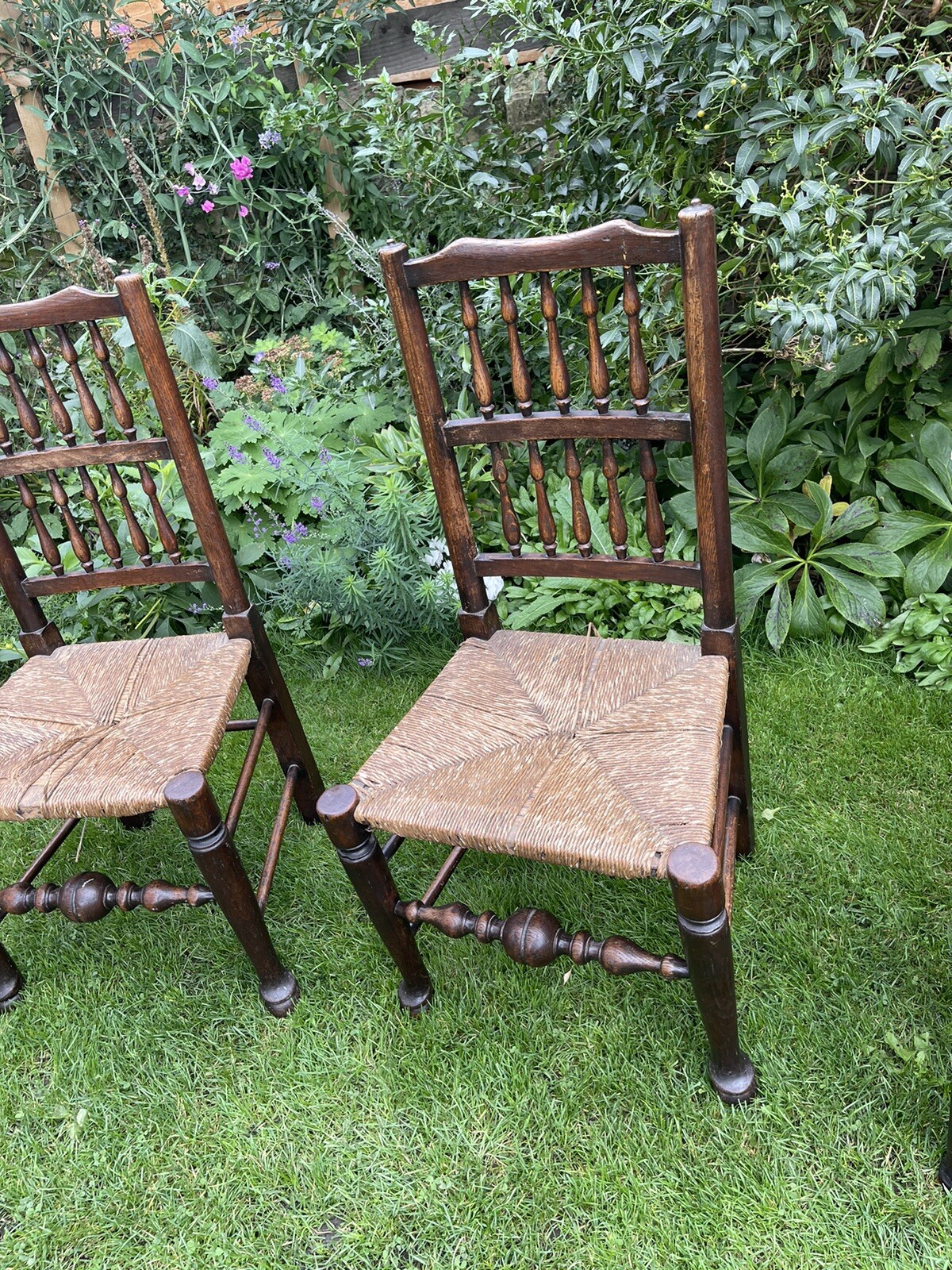 Set Of 4 Rush Seat Antique Oak Ladder back Dining Chairs With Drop