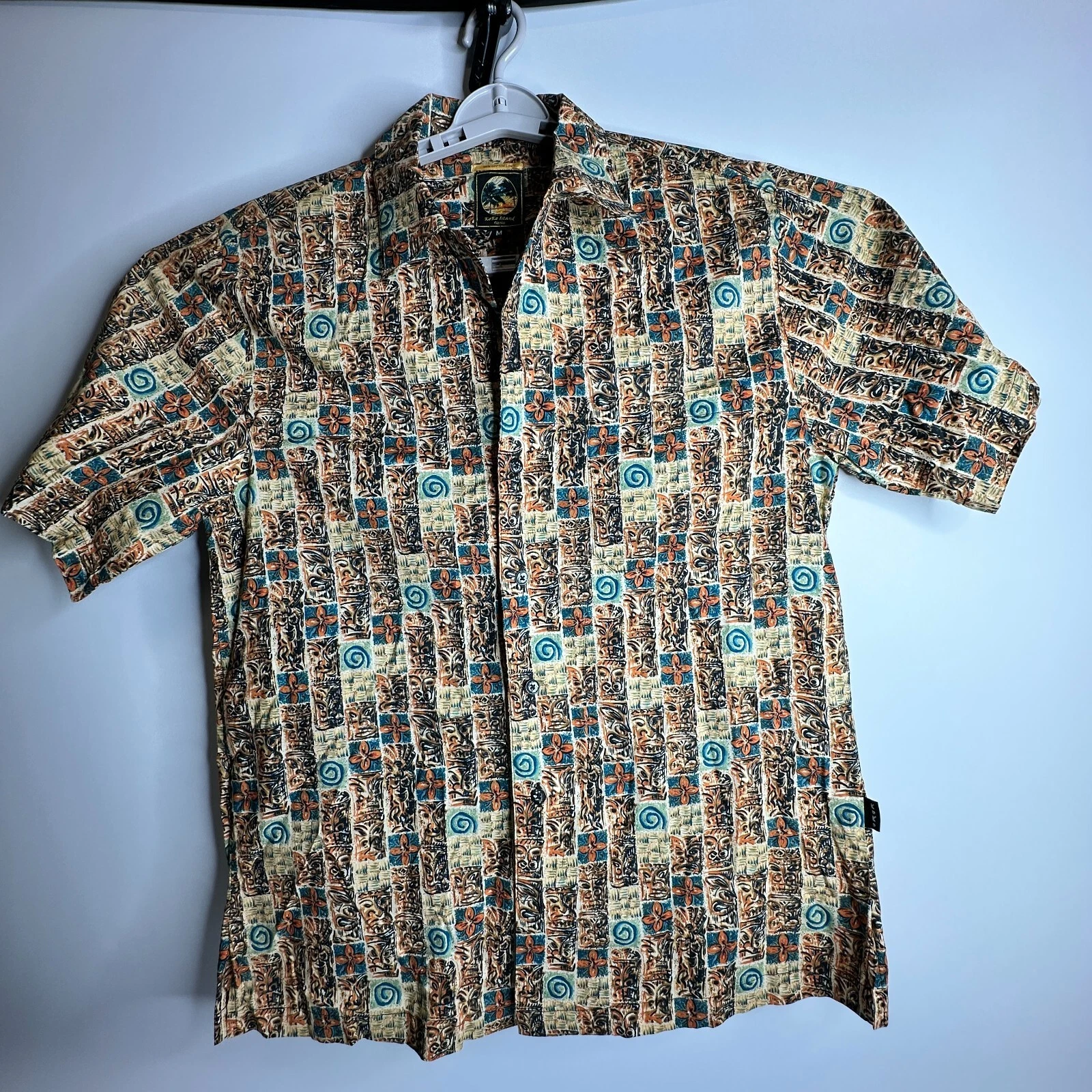 KOKO ISLAND Mens Cotton Button Up Shirt Hawaiian Mask Brown and Black Print Med