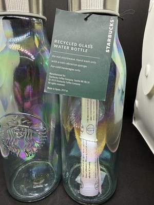 Starbucks Iridescent Recycled Glass Water Bottle 20oz Rainbow Oil Slick NWT