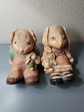 Wood World Inc Rustic Folk Art Bunny Rabbits Handcrafted 4" Figurines Made USA