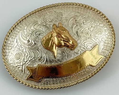 Vtg Western Horse Belt Buckle Oval Silver Gold Tone Vtg Mexico Heritage Large