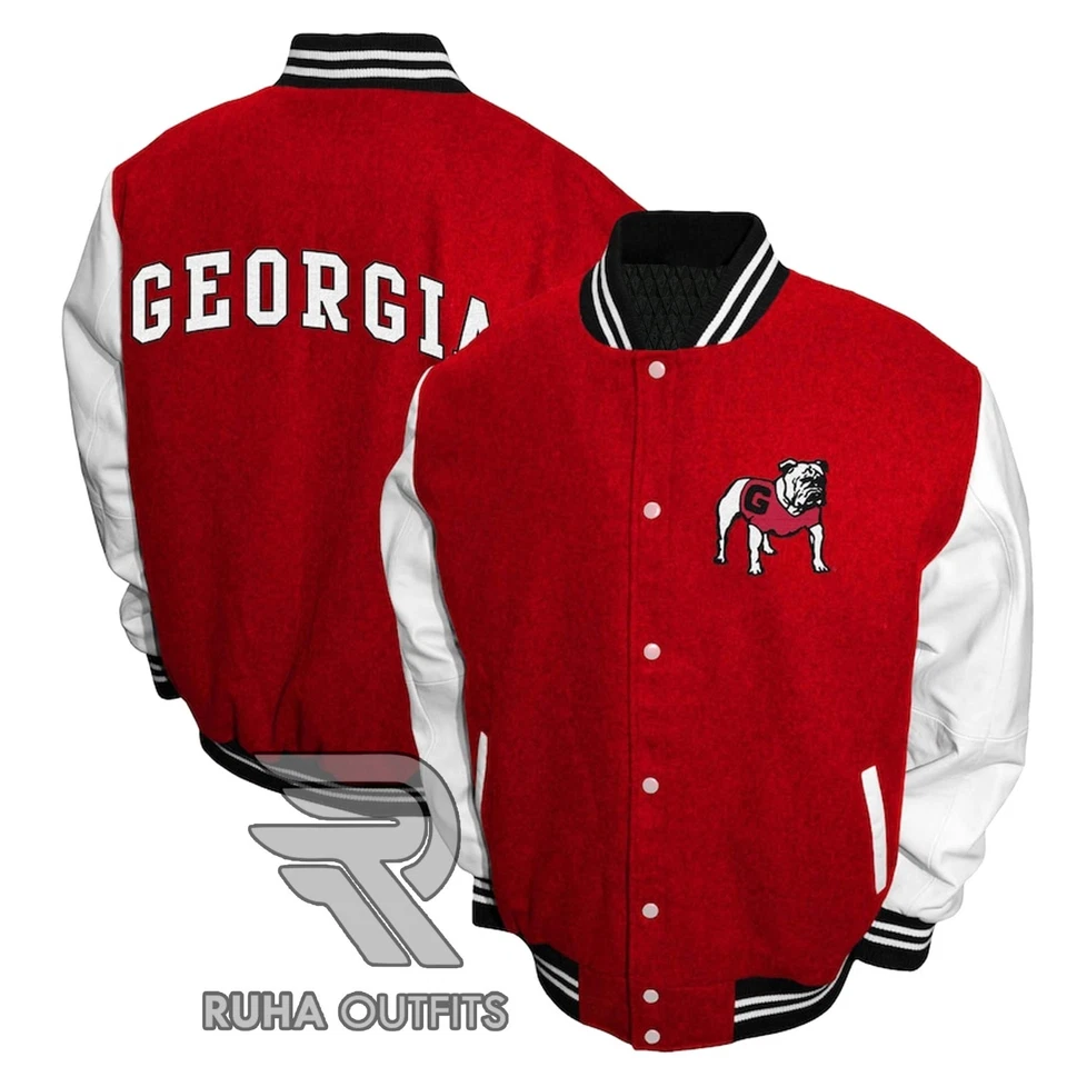 Chaqueta Universitaria Clásica Georgia Bulldogs NCAA Roja Lana/Cuero Bomber Lettermen Foto 2 de 4