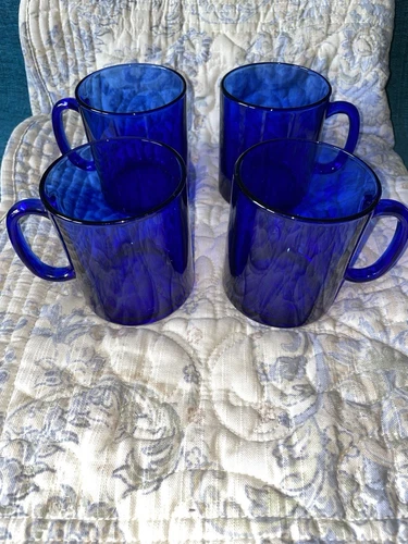 Vintage Cobalt Blue Glass Mugs Set Of 4 Cups Made In France 