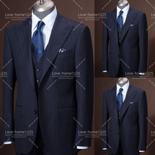 Business Men's Suit Formal Offical 3Pcs Tuxedo Jacket Pants Navy Blue Workwear