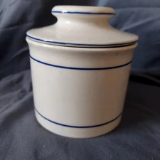 Ceramic Butter Keeper Crock White with Lid And Blue Striping