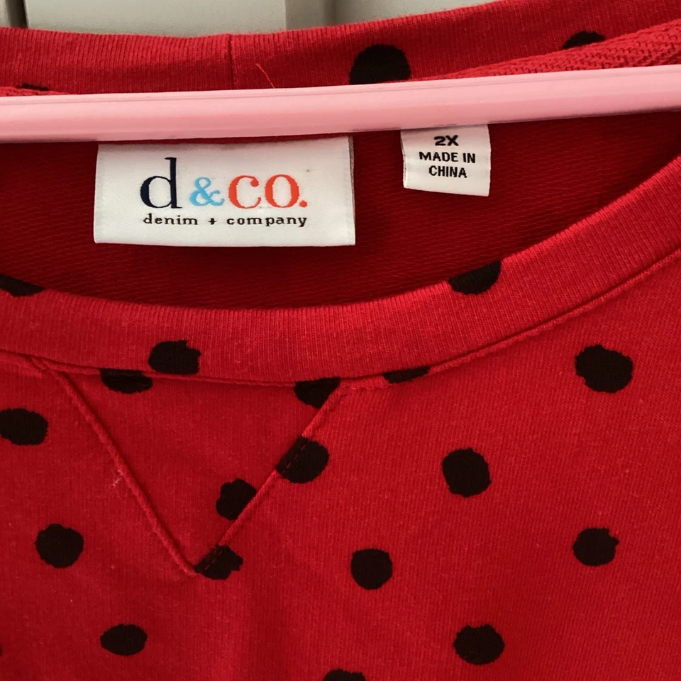 Denim & Co Cotton  Blend Long Sleeve  Polka Dot  Sweatshirt Size 2X Red Black - Image 2 of 4
