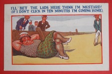 1927 Comic SEASIDE BEACH FAT LADY STOCKINGS GARTERS LADS THINK I'M MUSTARD