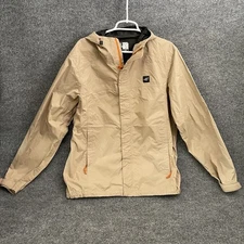 Dutch Bros Coffee Full Zip Hooded Raind Jacket Men’s Sz L Khaki Brown Vented