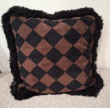 Borgata Checkered Throw Pillow Black Brown Fringe Accent Cushion 15X15 Décor