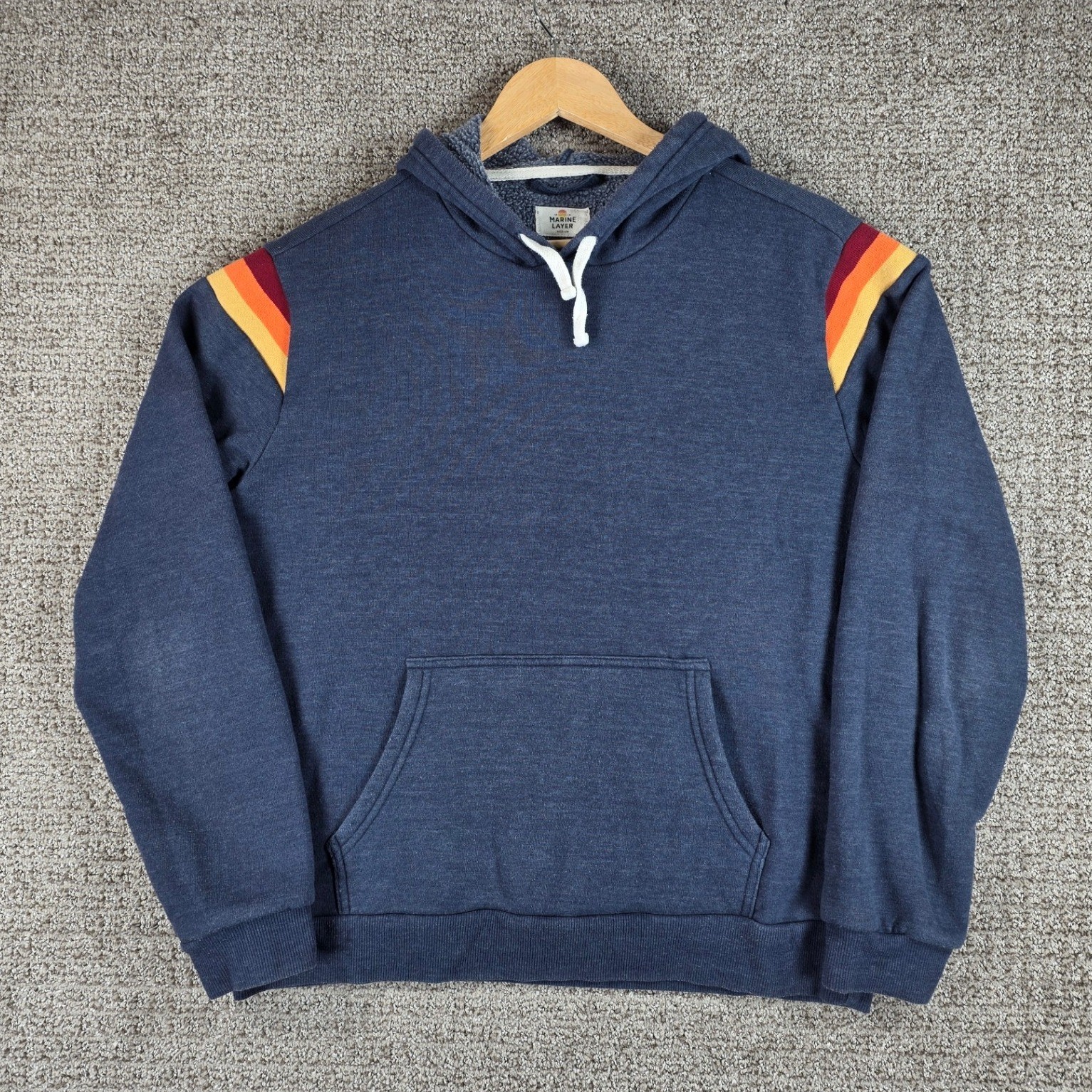 Marine Layer Banks Mens Blue Pullover Hoodie Rainbow Stripe Fleece Lined Medium