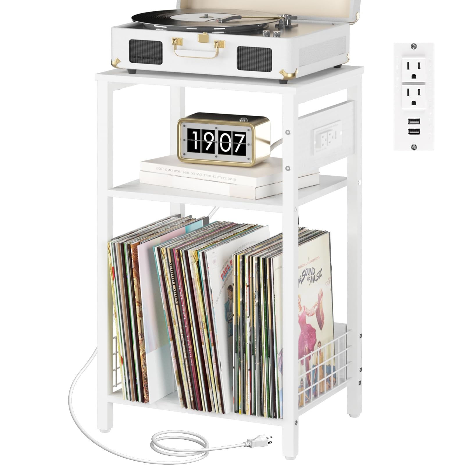 White 3-Tier Record Player Stand with Charging Station & Storage-image