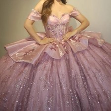 Pink Shiny Princess Quinceanera Dresses Ball Gown Sequin Applique Beads Sweet 16