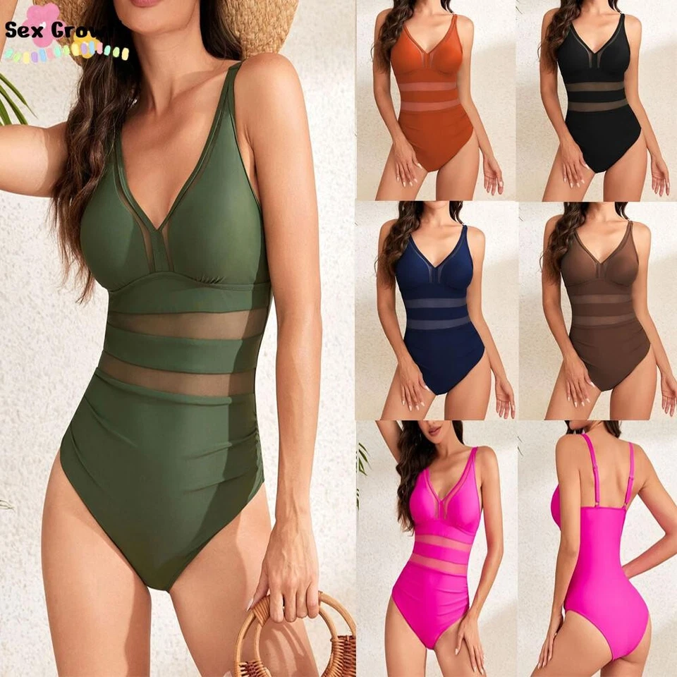 Sexy Traje de baño de una pieza para mujer Control de barriga Cuello en V Trajes de baño Vestido de baño Foto 3 de 4