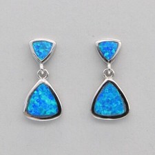 Blue Triangle FIRE OPAL Dangle Post Earrings - 925 STERLING SILVER Rhodium 686e