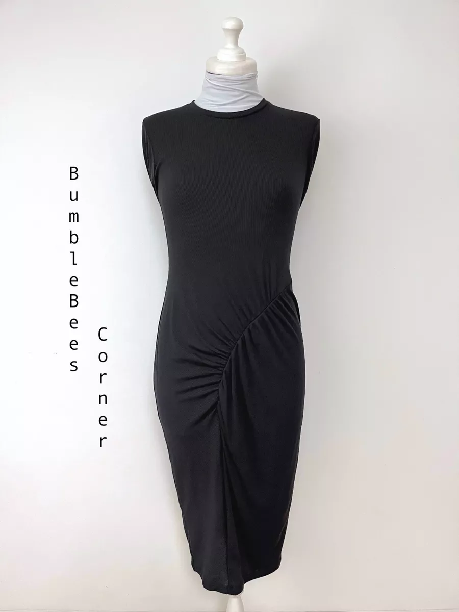 ZARA Tube Dress GATHERED Detail RIBBED KNIT Black STRETCHY Midi S