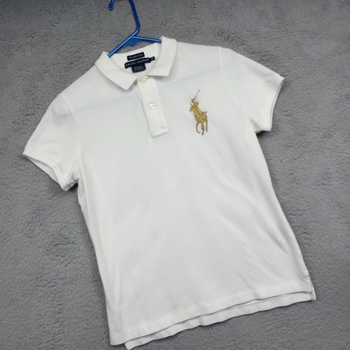 Ralph Lauren Skinny Polo Shirt Kids L White Gold Big Pony Slim Fit Classic
