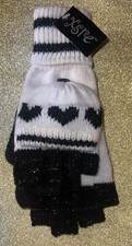Lurexheart Convertible Knit Gloves Women  s Mittens Black/White Hearts OS New