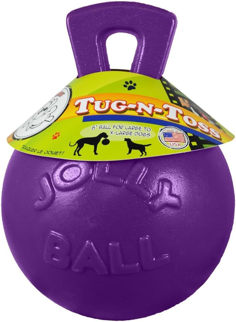 Tug-N-Toss Heavy Duty Dog Toy Ball with Handle, 8 Inches/Large, Purple