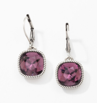  Touchstone Crystal 1  Drop Earrings Purple Oxidized Silver Plating New Cond