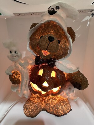 Vtg Nantucket Teddy Bear Pumpkin Ghost Lamp Halloween Decoration WORKS
