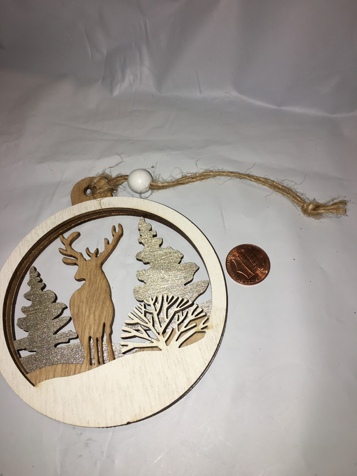CHRISTMAS TREE ORNAMENT WOOD SILVER DEER ELK HUNTING NATURE HOLIDAY DECOR 3 3/4"