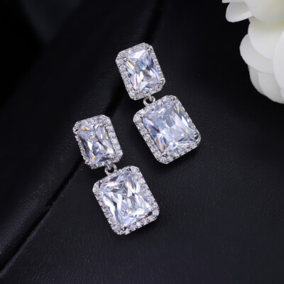 Sparkling White CZ Long Square Dangle Drop Earrings Female Best Gift For Friends