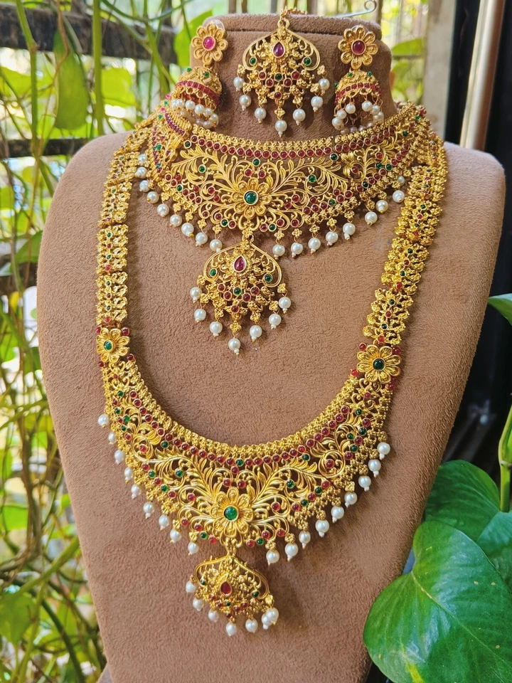 Indisch Bollywood Braut Lange Halskette Wedding 22K Vergoldet Tempel Schmuck-Set
