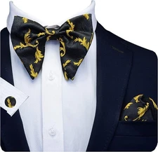 Floral Yellow Bow Tie and Pocket Square Cufflink Set Oversized Tuxedo Bow Tie...