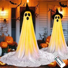 Halloween Decorations Outdoor Indoor, 2 Packs Light Up Ghost with Witch White