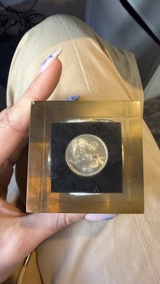 Vintage Spanish Coin Display Block (Hexagonal Resin Paperweight)