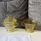 Yellow Madrid Depression Glass Sugar Bowl/Lid And Creamer ￼