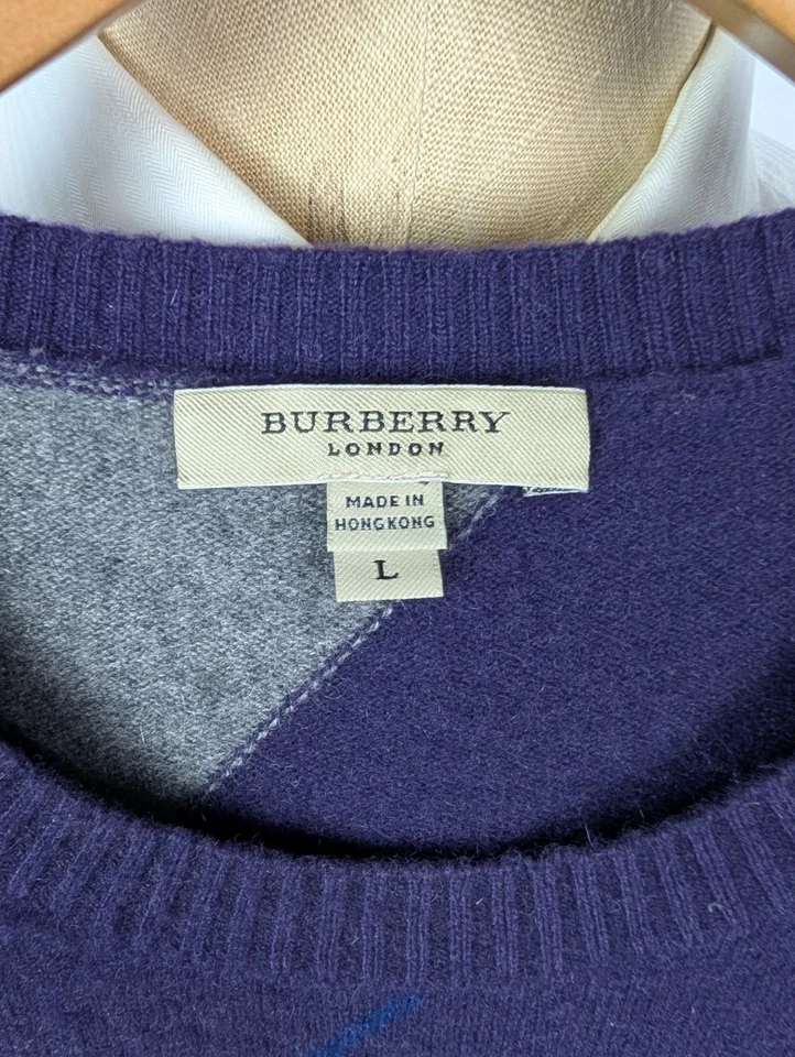 Suéter BURBERRY 100 % Cachemira Cuello Redondo Argyle Talla L Púrpura Gris Azul Foto 4 de 4