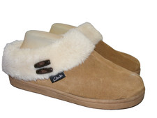Clarks Harmoni Bay Slippers Women Size 9 Broen Fur Trim Hard Sole Bottoms Mules