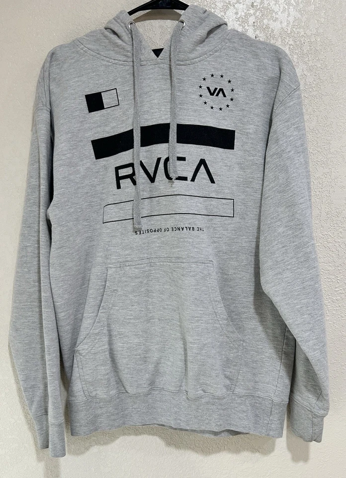 RVCA Sudadera con Capucha Para Hombres Mediana Polar Spellout Bolsa Bolsillo Gris Patín Foto 2 de 4