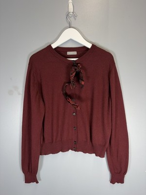 Margaret Howell Strickjacke Damen UK 14 Kaschmir Baumwolle rot burgund Schleife Knopfleiste
