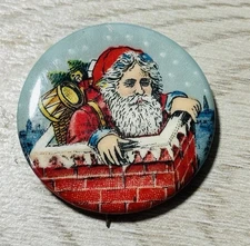 HTF Antique Bastian Bros Santa Claus Climbing Chimney Celluloid Pinback Button
