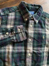 Polo Ralph Lauren Boys Plaid Oxford Flannel Shirt Cotton Size 7 Green Holiday