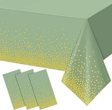 Funnypars 3 Pack Sage Green and Gold Plastic Tablecloth, Green Disposable Table 