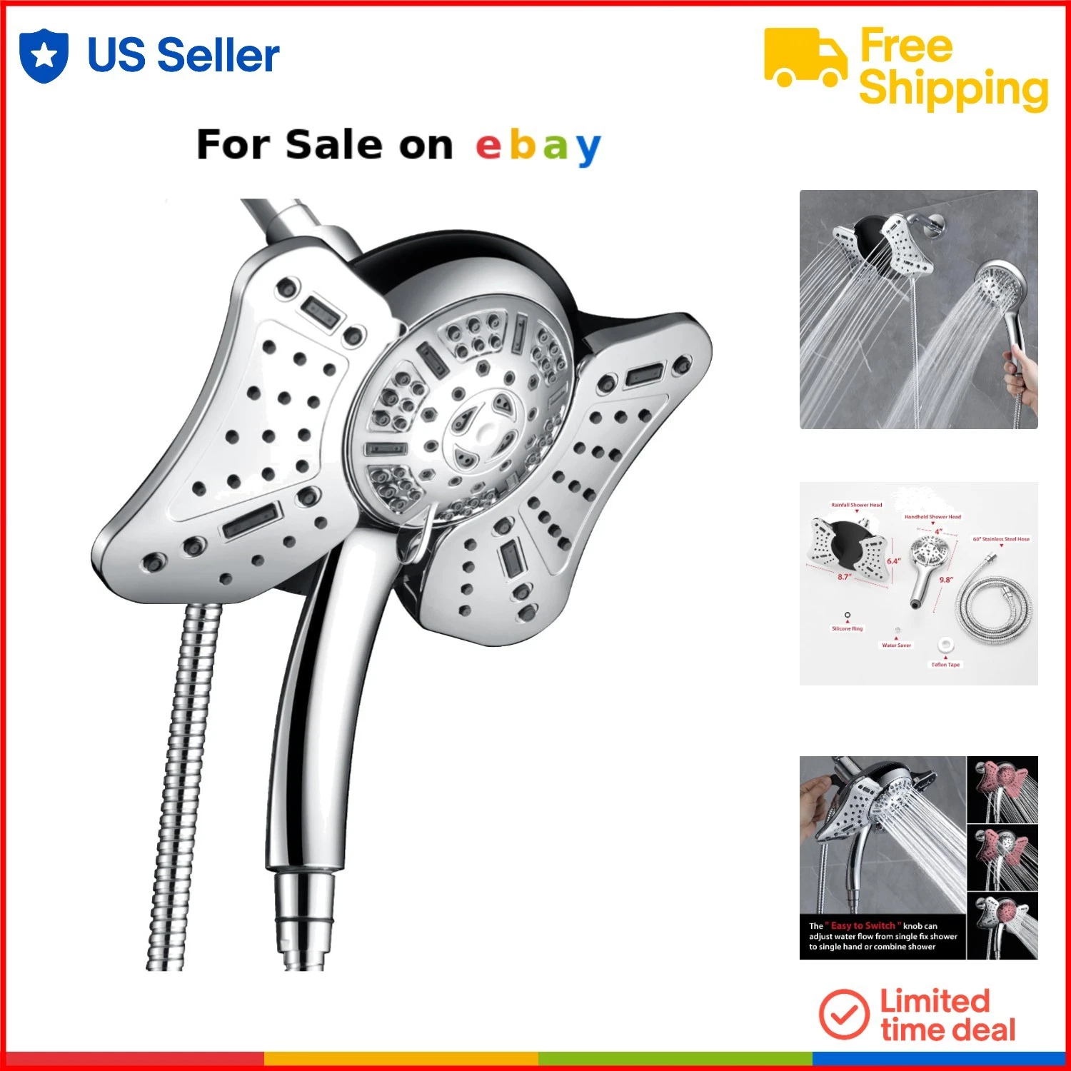 Dual Shower Head Set 2.5 GPM High Pressure Rainfall Handheld 9 Modes