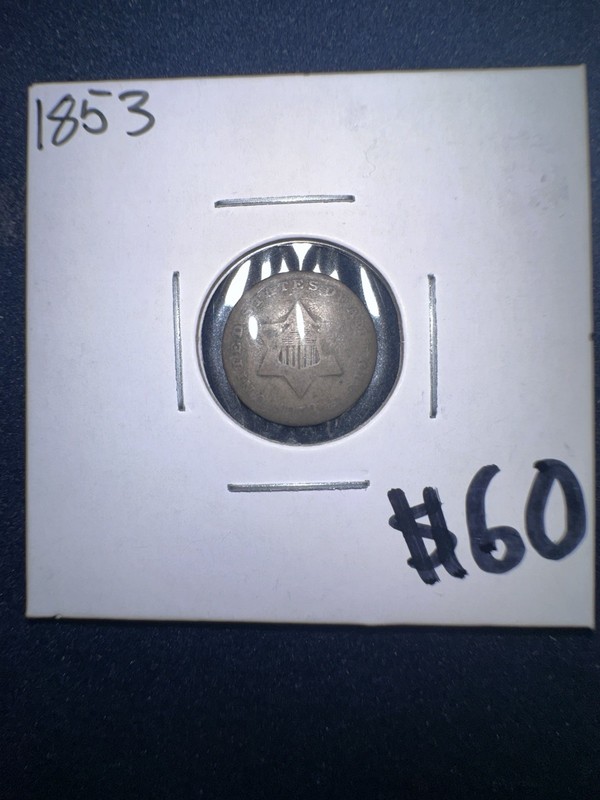 1853 US Three Cent Silver Trime Coin Type III Ungraded Uncertified